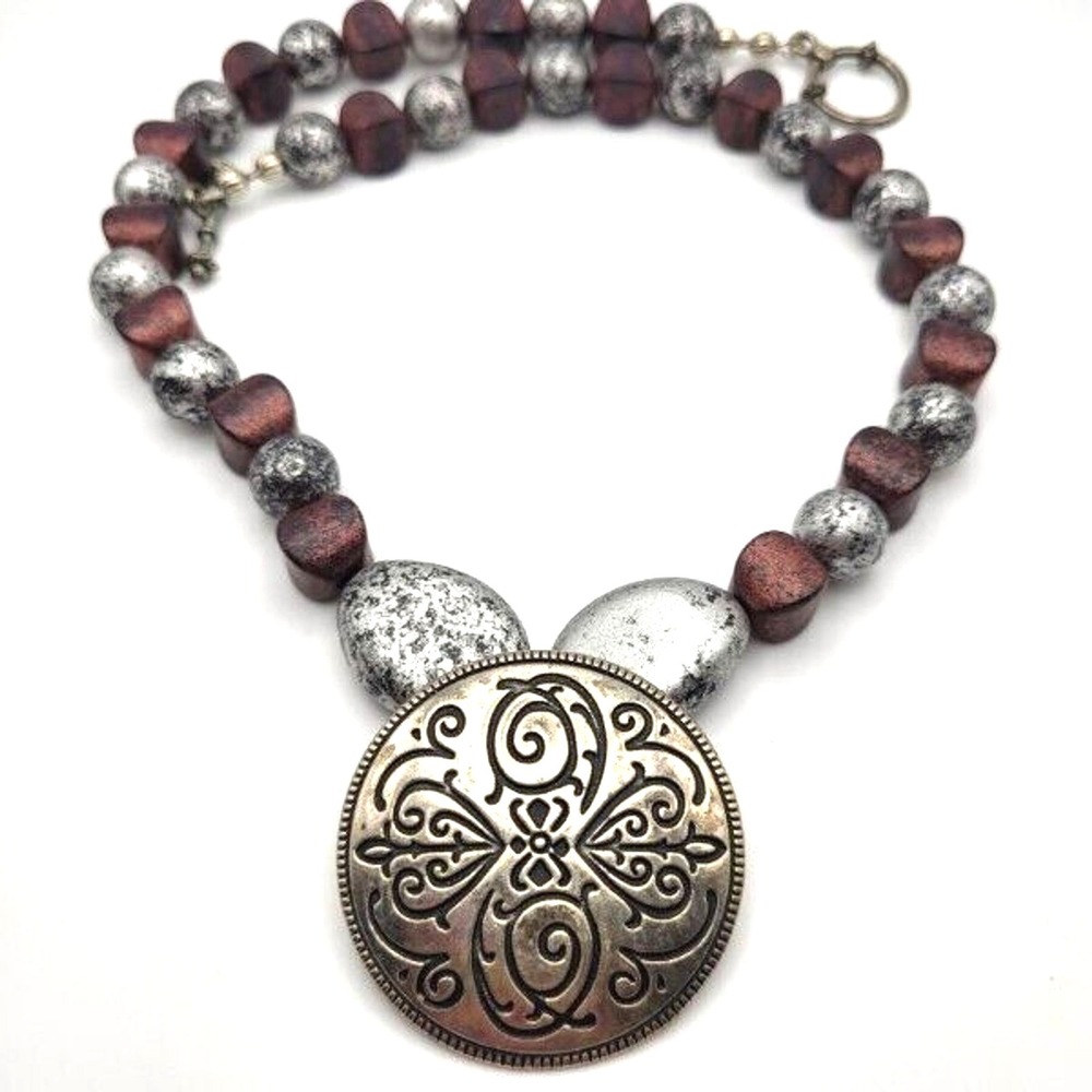 Silvertone‎ Disc Pendant on Metallic-look Faux Stone Beads Handmade 19" Necklace